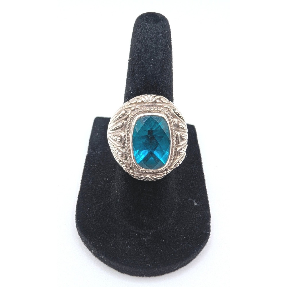 Sarda Sterling Silver 925 Blue Topaz Ornate Bali Filigree Ring Size 6